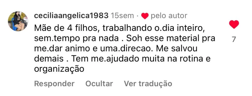 Comentário de mãe sobre organização da rotina e da casa