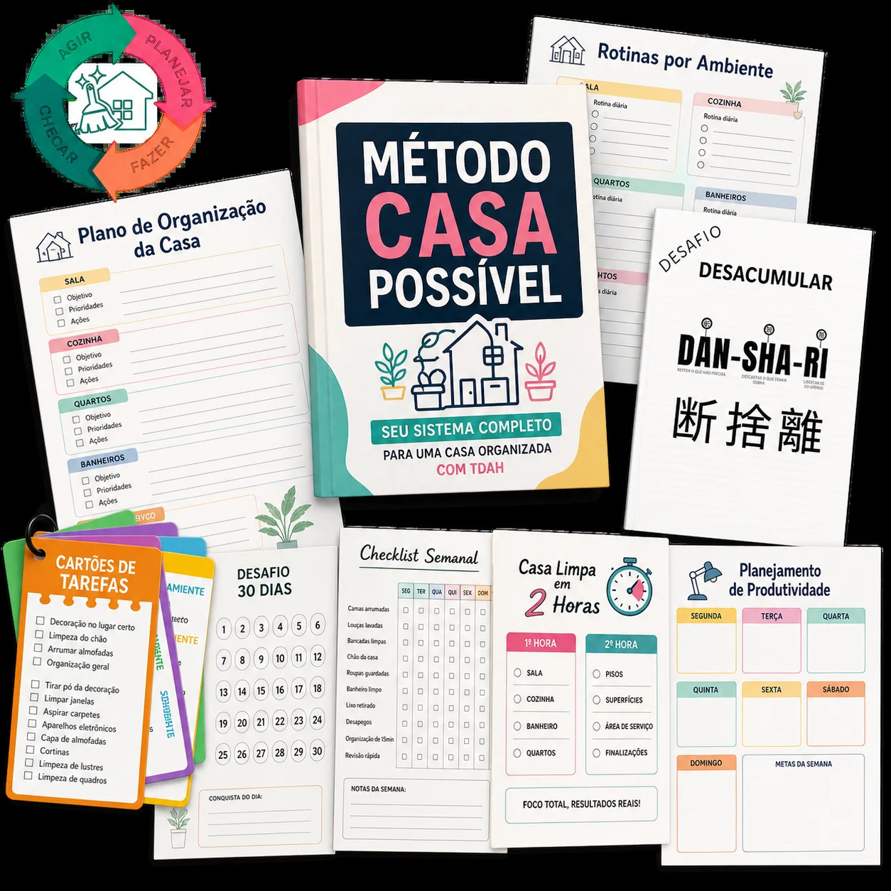 Método Casa Possível com cronograma visual, rotinas por ambiente, cards e checklists