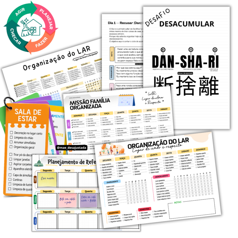 Conjunto completo do Método das Microtarefas com cronogramas, cards, planejamento e desafio de organização
